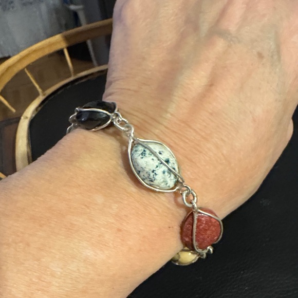 Vintage Taxco Sterling Silver Bracelet w Wire Wrapped Polished Stones - Picture 2 of 7